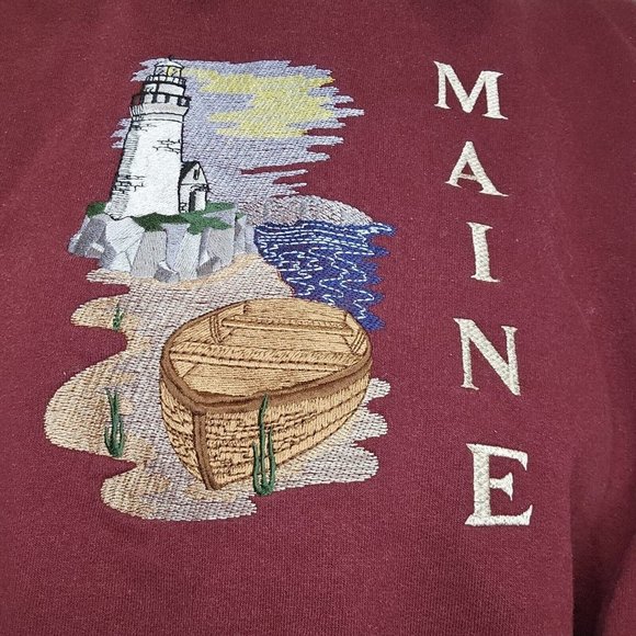 Vintage 90s Maine Large Embroidered‎ Crewneck Sweatshirt Maroon Lighthouse Beach - Picture 8 of 10